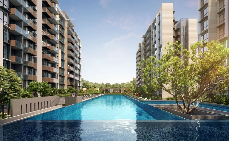 The Sen, artist’s impression: the 50-metre lap pool on the second-storey pool deck, running between ten-storey blocks with timber-toned balconies, a tree at the water's edge