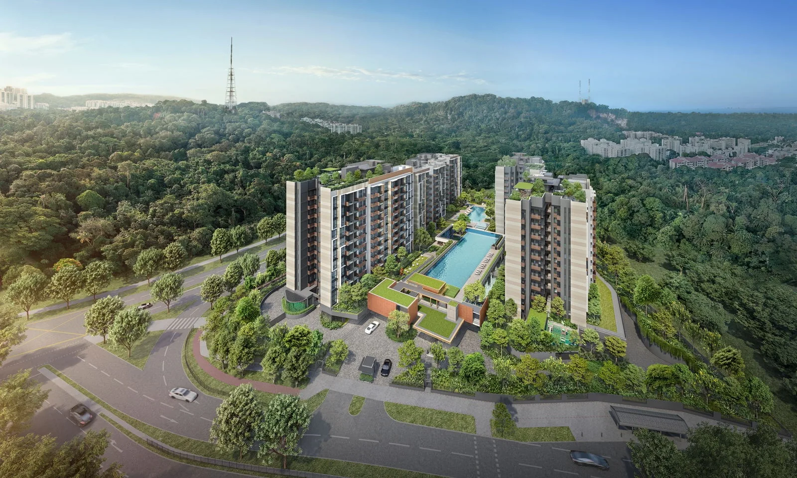 The Sen, artist&rsquo;s impression: an aerial view of the five ten-storey blocks and the landscaped deck, set among the forested hills of Upper Bukit Timah