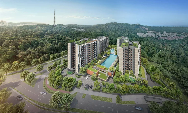 The Sen, artist&rsquo;s impression: an aerial view of the five ten-storey blocks and the landscaped deck, set among the forested hills of Upper Bukit Timah