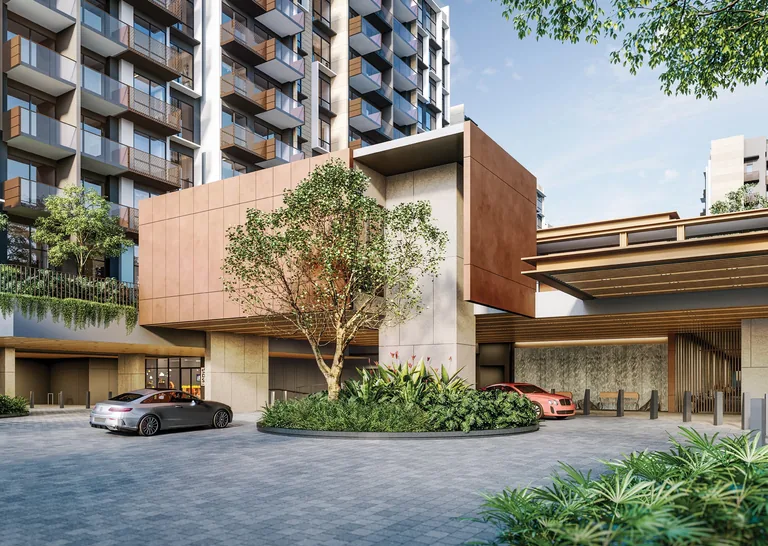 The Sen, artist&rsquo;s impression: the arrival drop-off beneath a bronze-and-amber clad pavilion, a feature tree in the forecourt and the residential blocks rising behind