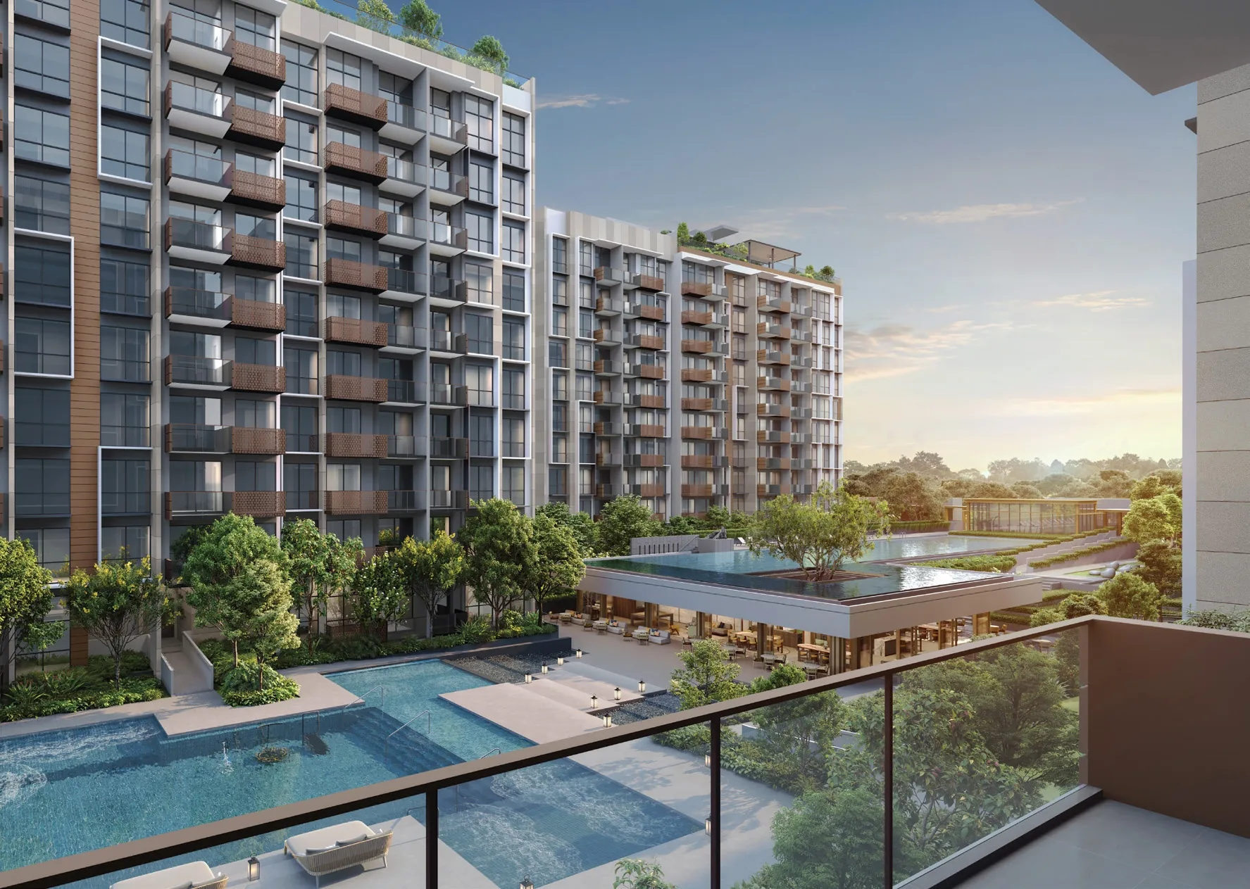The Sen, artist’s impression: the view from a balcony over the central court, its pools and pavilions, towards the neighbouring blocks