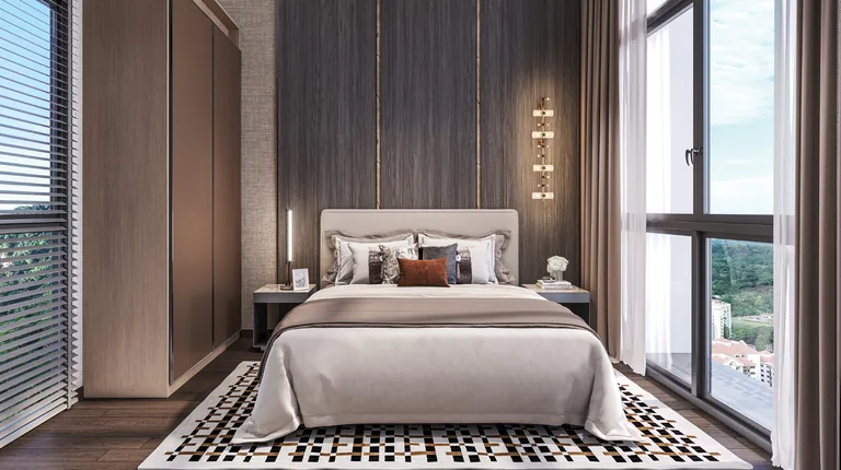 The Sen, artist’s impression: a Classic home bedroom with full-length windows, timber panelling and a patterned rug
