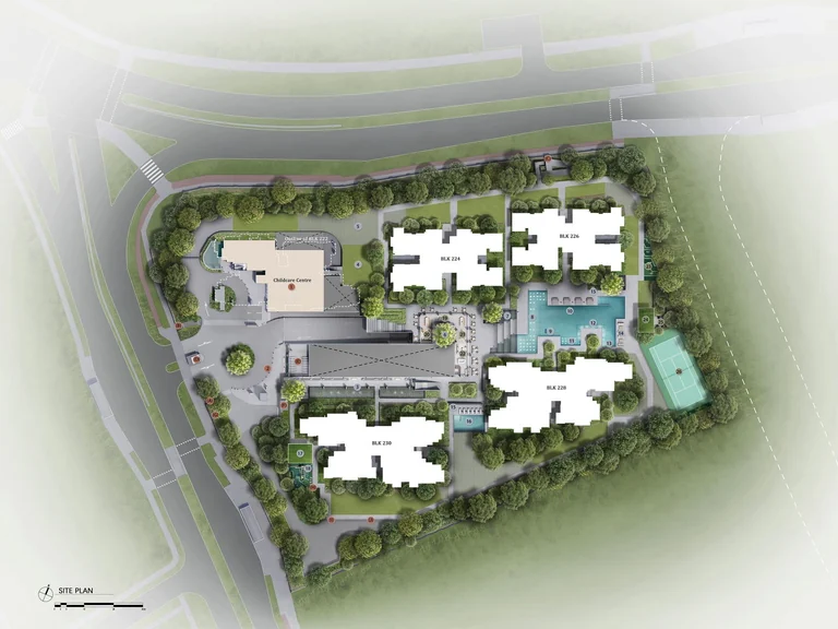 The Sen facilities plan, first storey (developer drawing): the arrival, the Sen Commons pools and lawns, and the Sen Club clubhouse, BBQ pavilion and tennis court