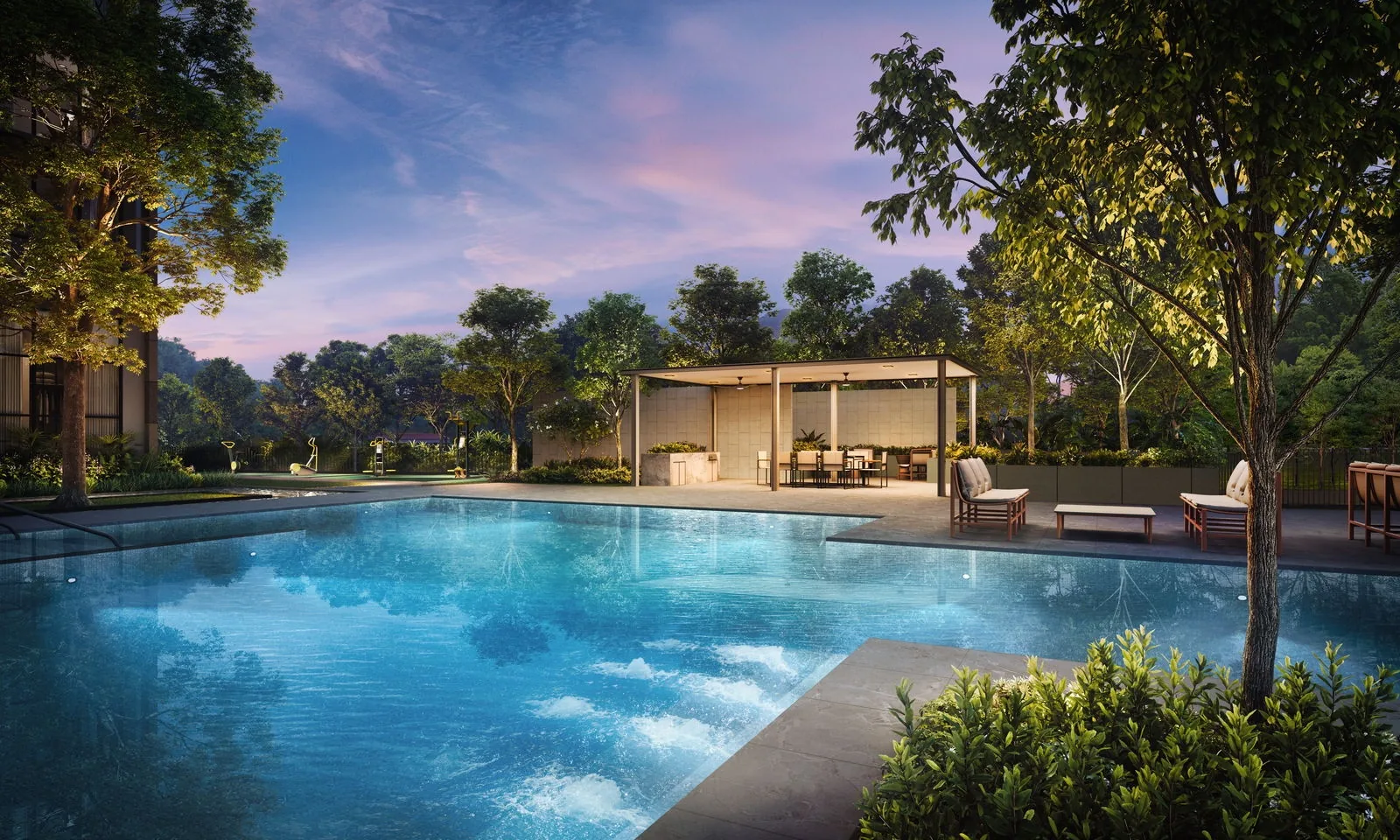 The Sen, artist&rsquo;s impression: the family pool at dusk with the BBQ pavilion beyond, framed by mature trees