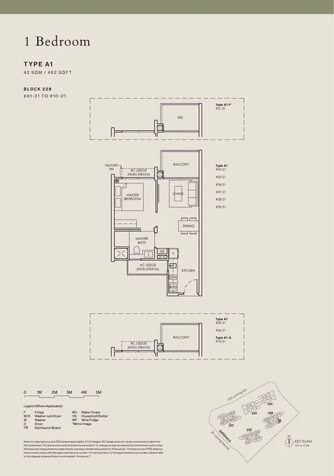 The Sen floor plan, Type A1: 1 bedroom, 42 sq m (452 sq ft), 10 homes in Block 228, stack 21 (developer drawing with key plan)