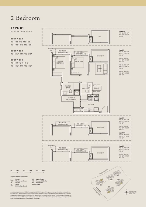 The Sen floor plan, Type B1: 2 bedrooms, 63 sq m (678 sq ft), 50 homes in Block 222 stacks 05 and 06, Block 228 stack 22, Block 230 stacks 31 and 32 (developer drawing with key plan)
