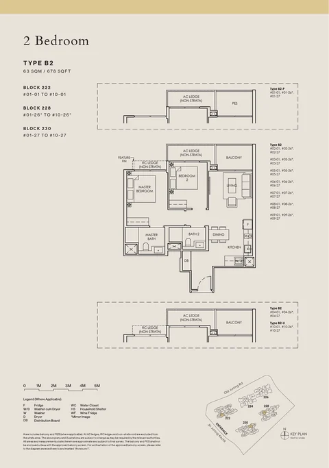 The Sen floor plan, Type B2: 2 bedrooms, 63 sq m (678 sq ft), 30 homes in Block 222 stack 01, Block 228 stack 26, Block 230 stack 27 (developer drawing with key plan)