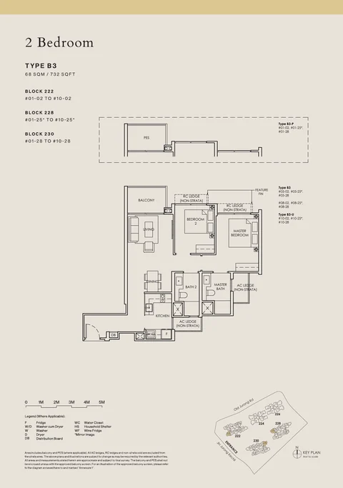 The Sen floor plan, Type B3: 2 bedrooms, 68 sq m (732 sq ft), 30 homes in Block 222 stack 02, Block 228 stack 25, Block 230 stack 28 (developer drawing with key plan)
