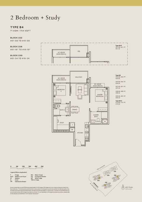 The Sen floor plan, Type B4: 2 bedrooms + study, 71 sq m (764 sq ft), 30 homes in Block 222 stack 08, Block 228 stack 19, Block 230 stack 34 (developer drawing with key plan)