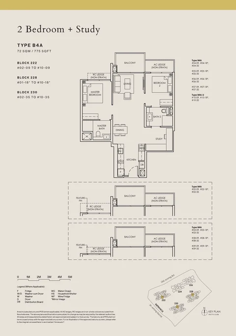 The Sen floor plan, Type B4A: 2 bedrooms + study, 72 sq m (775 sq ft), 27 homes in Block 222 stack 09, Block 228 stack 18, Block 230 stack 35 (second to tenth storeys) (developer drawing with key plan)