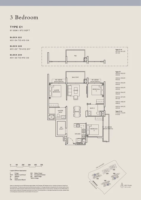 The Sen floor plan, Type C1: 3 bedrooms, 81 sq m (872 sq ft), 30 homes in Block 222 stack 04, Block 228 stack 23, Block 230 stack 30 (developer drawing with key plan)