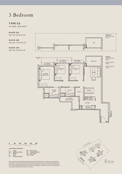 The Sen floor plan, Type C2: 3 bedrooms, 87 sq m (936 sq ft), 30 homes in Block 222 stack 03, Block 228 stack 24, Block 230 stack 29 (developer drawing with key plan)