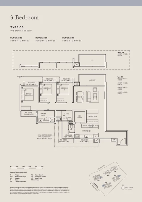 The Sen floor plan, Type C3: 3 bedrooms, 103 sq m (1,109 sq ft), 30 homes in Block 222 stack 07, Block 228 stack 20, Block 230 stack 33 (developer drawing with key plan)