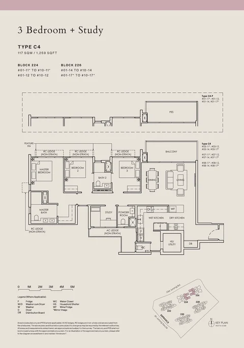 The Sen floor plan, Type C4: 3 bedrooms + study (Prestige), 117 sq m (1,259 sq ft), 40 homes in Block 224 stacks 11 and 12, Block 226 stacks 14 and 17 (developer drawing with key plan)
