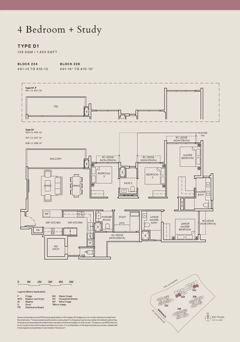 The Sen floor plan, Type D1: 4 bedrooms + study (Prestige), 135 sq m (1,453 sq ft), 20 homes in Block 224 stack 13, Block 226 stack 16 (developer drawing with key plan)