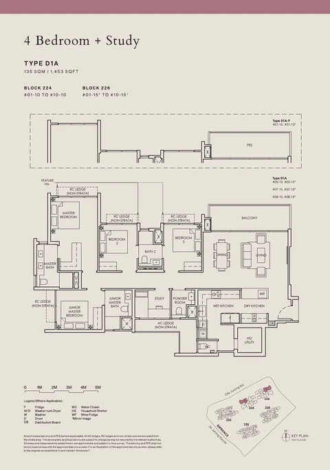 The Sen floor plan, Type D1A: 4 bedrooms + study (Prestige), 135 sq m (1,453 sq ft), 20 homes in Block 224 stack 10, Block 226 stack 15 (developer drawing with key plan)