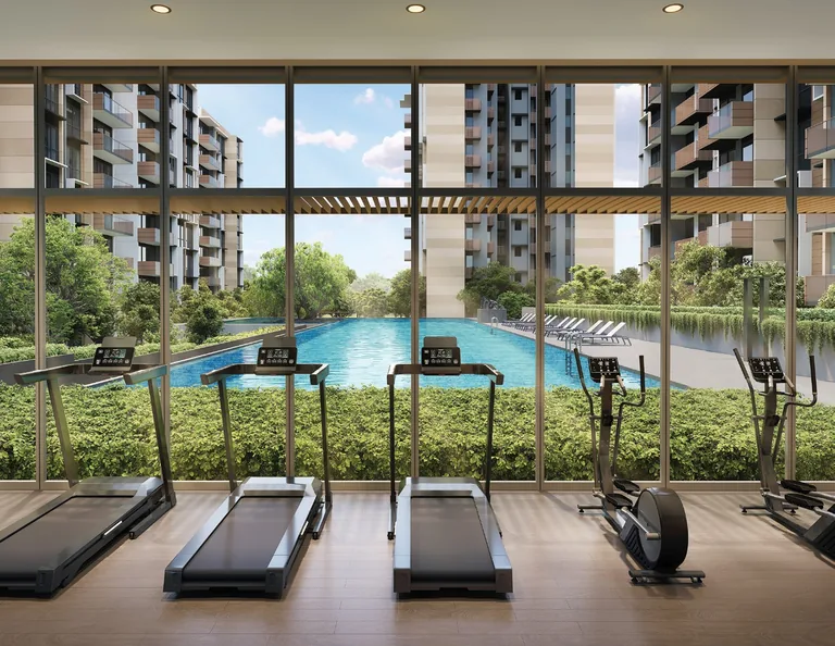 The Sen, artist&rsquo;s impression: the gym with treadmills facing full-height glazing over the pool deck