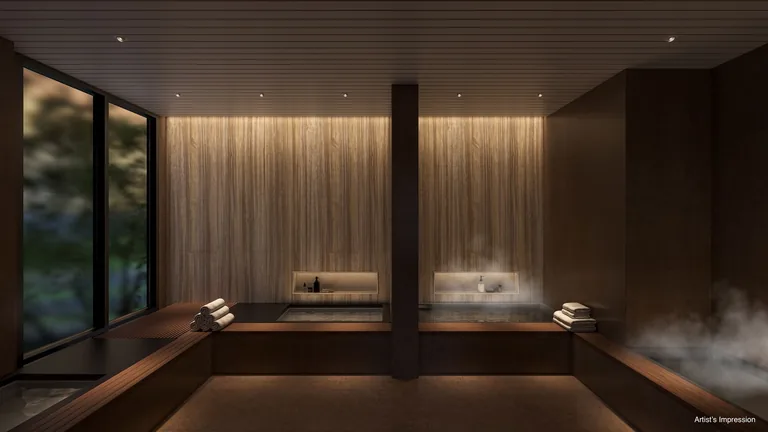 The Sen, artist&rsquo;s impression: the hot and cold bath room with its timber-lined walls and paired plunge baths