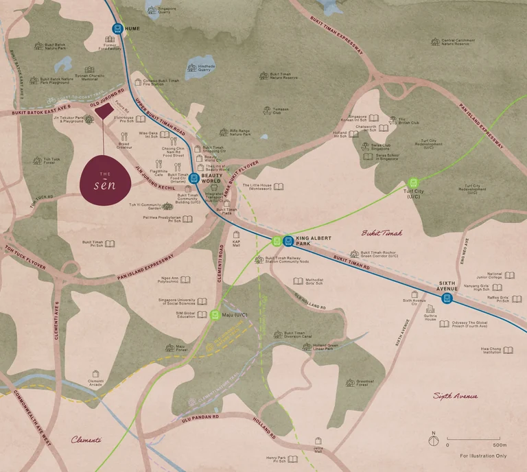 The Sen location map (developer drawing): the site off Jalan Jurong Kechil with Hume, Beauty World and King Albert Park MRT stations, Bukit Timah Nature Reserve and the surrounding parks