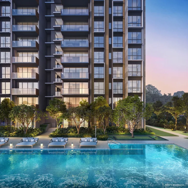 The Sen, artist&rsquo;s impression: a residential block rising above the pool deck at dusk, with loungers along the water