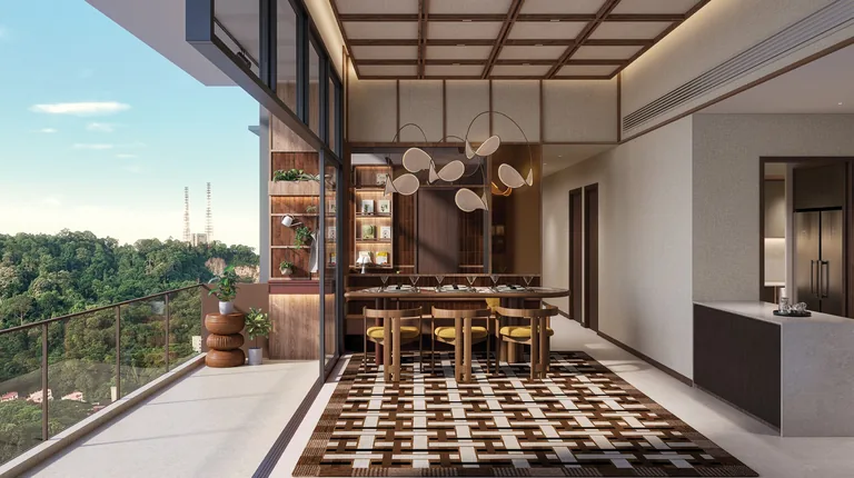 The Sen, artist&rsquo;s impression: a Prestige home's dining area opening onto a wide balcony with a view of the forested hills