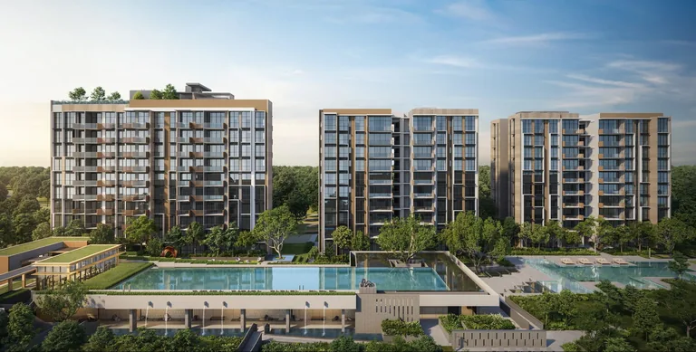 The Sen, artist&rsquo;s impression: three of the residential blocks above the landscape deck and the lap pool, seen across the grounds