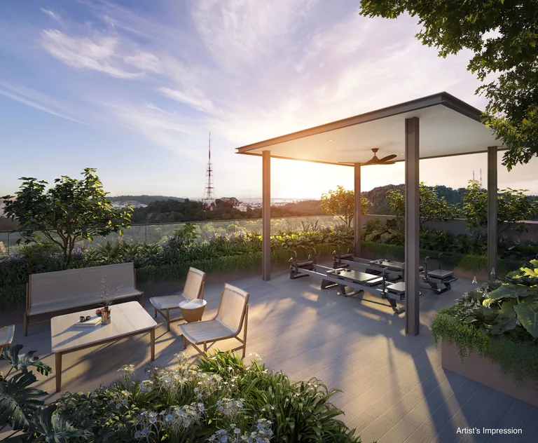 The Sen, artist&rsquo;s impression: a roof-terrace pavilion with lounge seating, looking out over the treetops at sunset