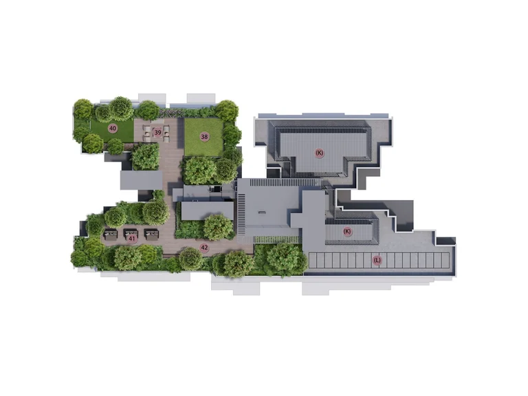 The Sen roof terrace plan, Block 222 (developer drawing): the Pilates pavilion, meditation deck, yoga lawn and gardens