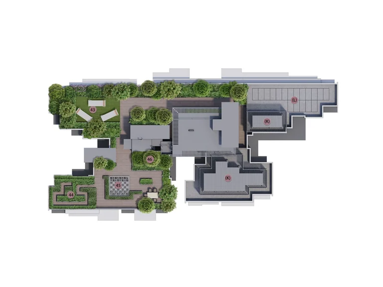 The Sen roof terrace plan, Block 228 (developer drawing): the hammock alcove, maze, chess and community gardens