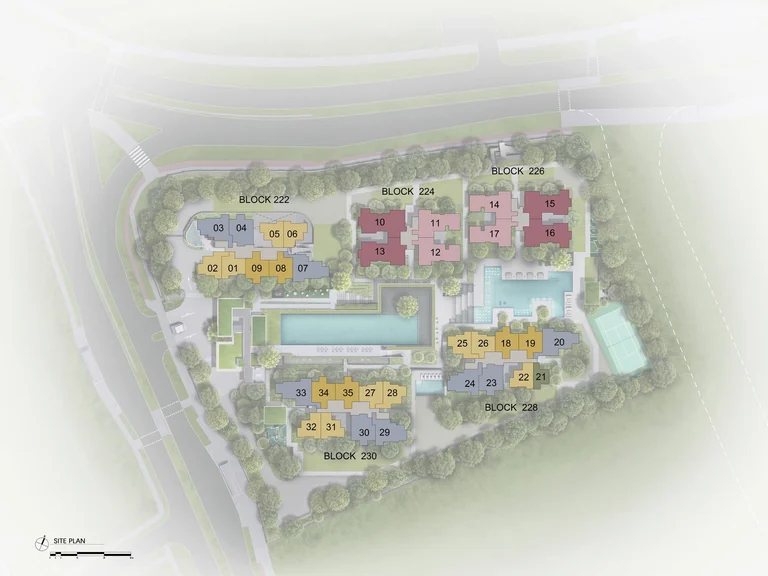 The Sen site plan (developer drawing): the five residential blocks 222, 224, 226, 228 and 230 around the landscaped deck, pools and tennis court