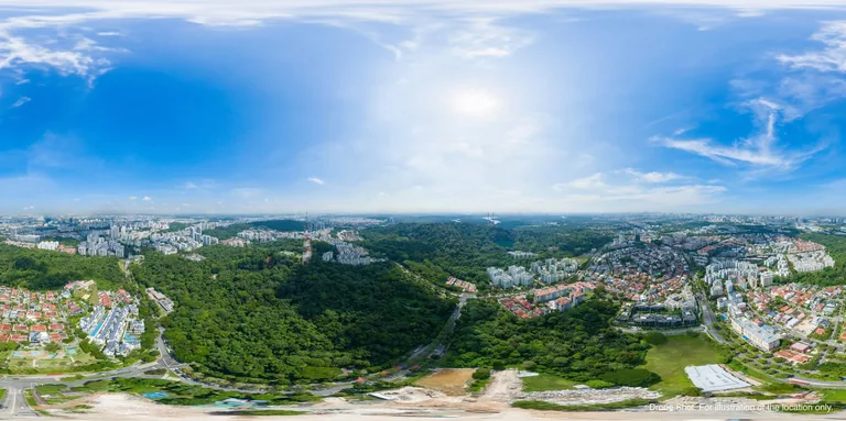 Drone photograph of the Upper Bukit Timah area around The Sen site at Jalan Jurong Kechil, with the forested hills of Bukit Batok and Bukit Timah, for illustration of the location only